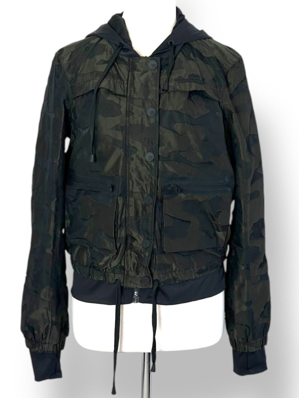 Blanc Noir Womens Skyfall Hooded Aviator Jacket Layered Look Camo Sz S